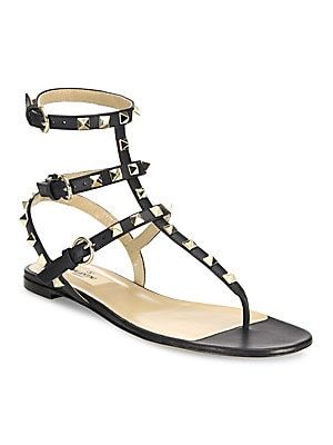 Valentino Garavani Rockstud Ankle-Strap Leather Thong Sandals | Saks Fifth Avenue