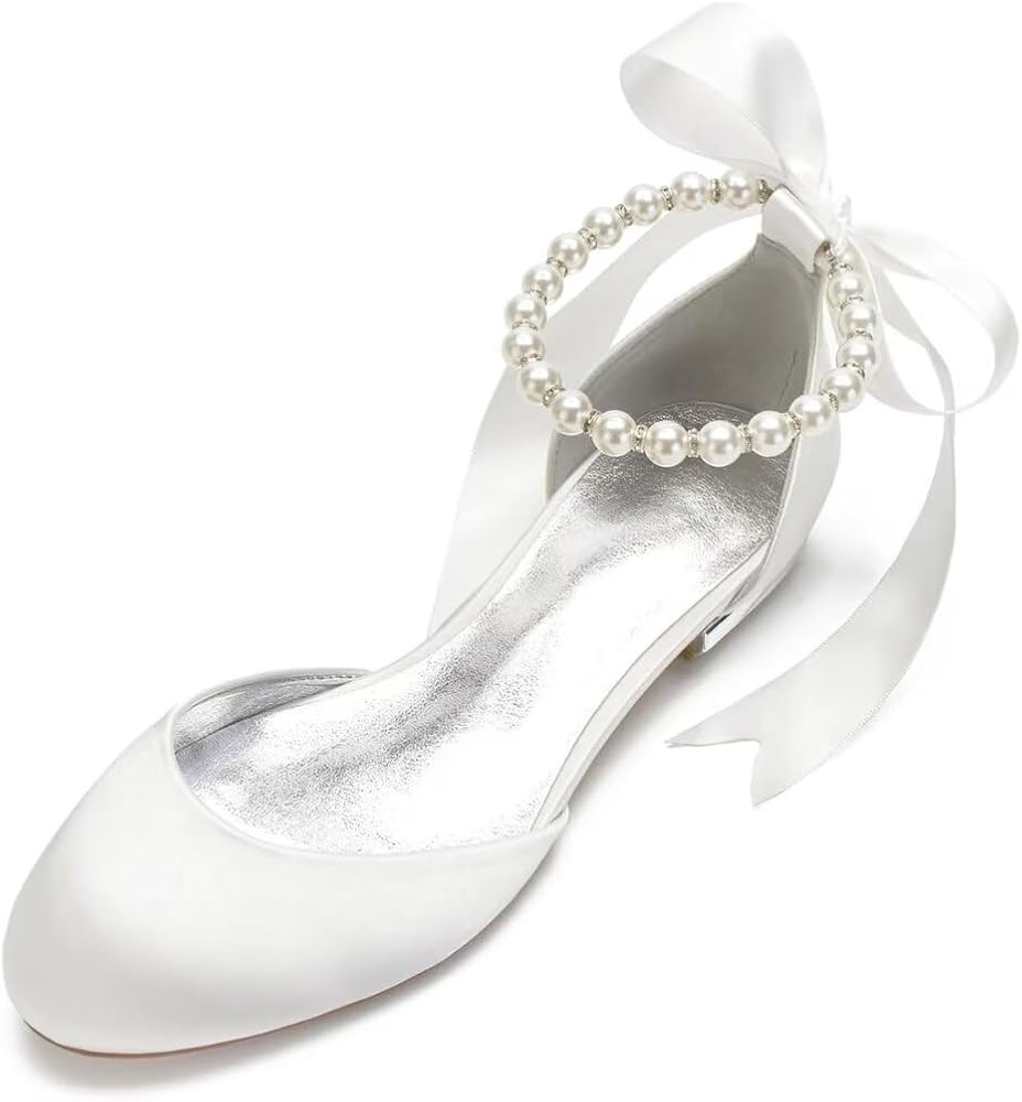 Wedding Shoes Flats for Bride Satin Pearls Round Toe Women Dress Shoes for Special Occasions | Amazon (US)