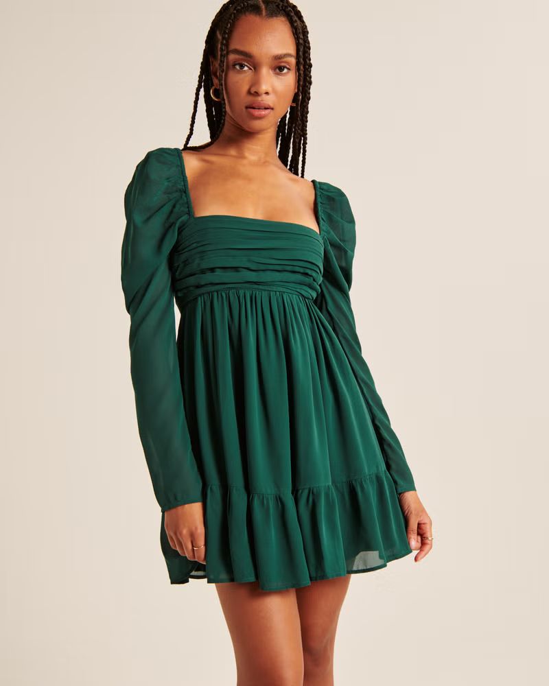 Long-Sleeve Ruched Babydoll Mini Dress | Abercrombie & Fitch (US)