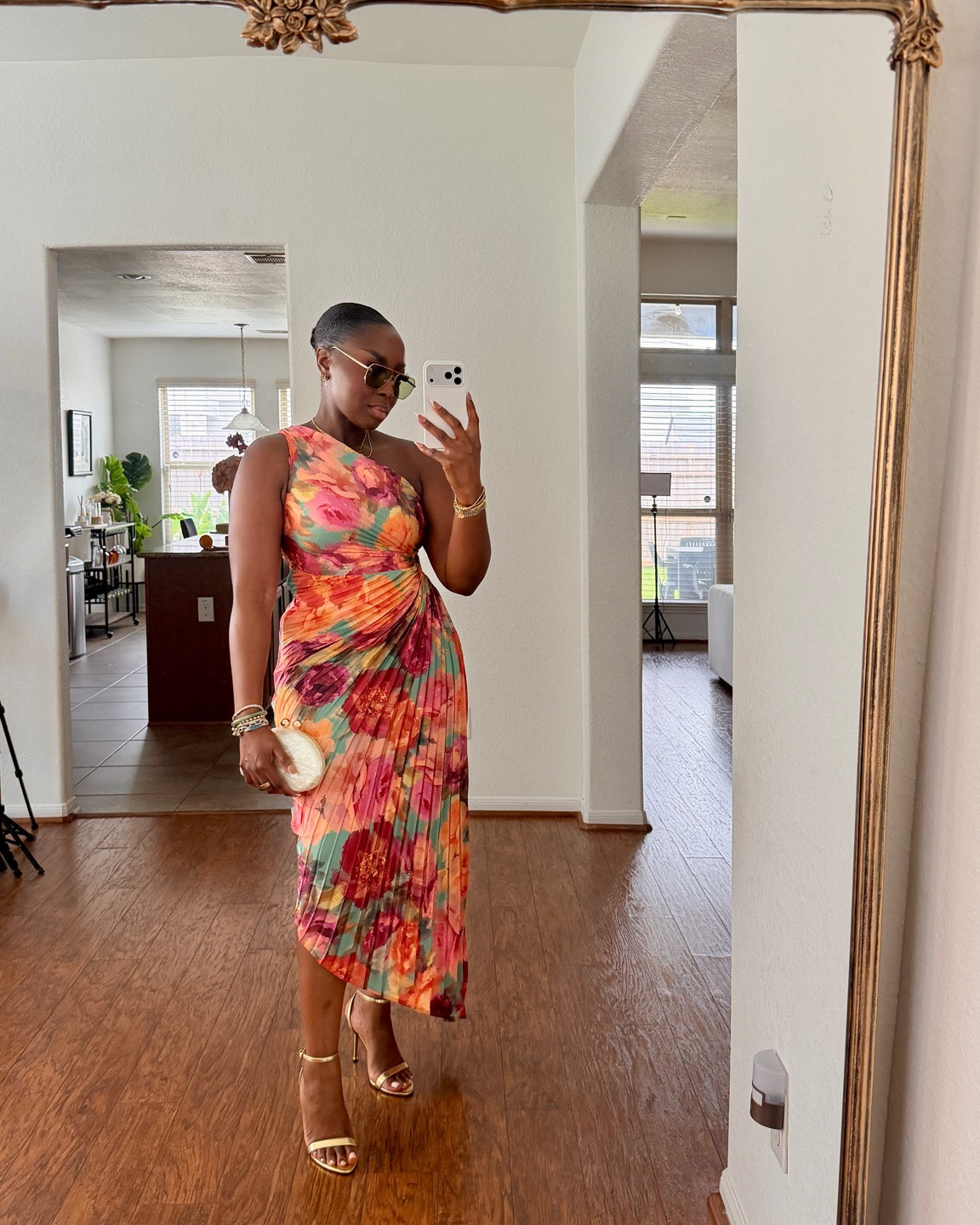 This pleated dress is really cute, too! Perfect vacation, outfit, summer outfit, wedding guest dress or just some dress in general. I’m wearing a size medium. Sunglasses are 12 PM Studios.