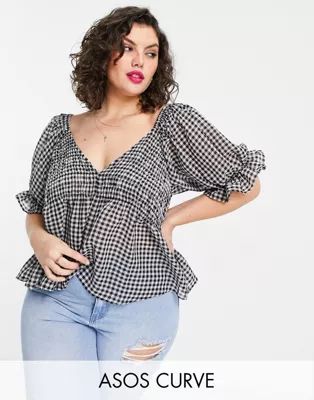 ASOS DESIGN Curve v neck top with shirred waist and puff frill sleeve in mono gingham | ASOS (Global)