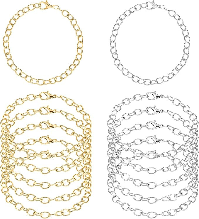 12 Pieces Charm Bracelet Chain Gold Silver Charm Bracelets with Lobster Clasps Alloy Bracelet Lin... | Amazon (US)