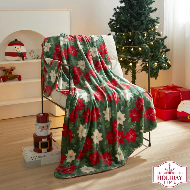 Holiday Time Poinsettia Plush Throw Blanket | Walmart (US)