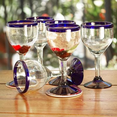 Blown glass wine goblets 'Cobalt Contrasts' (set of 6) | NOVICA