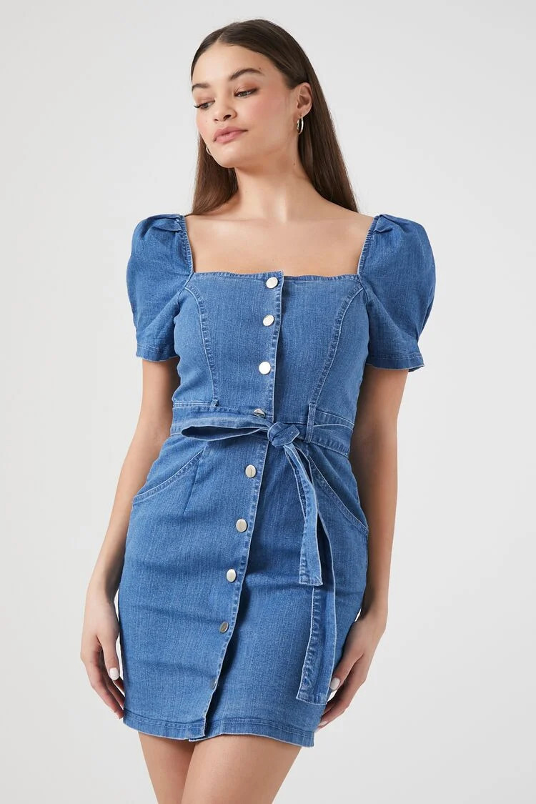 Puff-Sleeve Denim Mini Dress | Forever 21 (US)