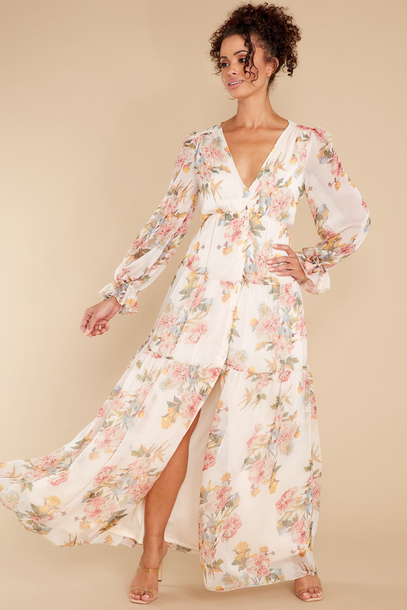 Enchanting Looks Blush Floral Print Maxi Dress | Red Dress 
