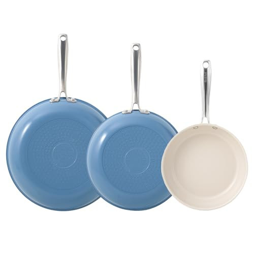 Redchef Non Stick Ceramic Frying Pan Set, Non Toxic Ceramic Pans for Cooking, 8" 9.5" 11" Skillet Set, No PFAS & PTFE & PFOA with Stainless Steel Handle, Dishwasher & Oven Safe Max up to 842°F (Blue) | Amazon (US)