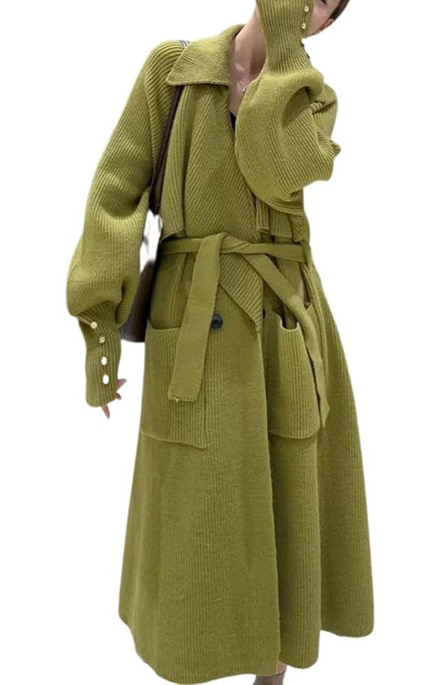CHARTOU Women's Elegant Lapel Collar Rib-Knit Open Front Cardigan Long Sweater Jacket Overcoat | Amazon (US)
