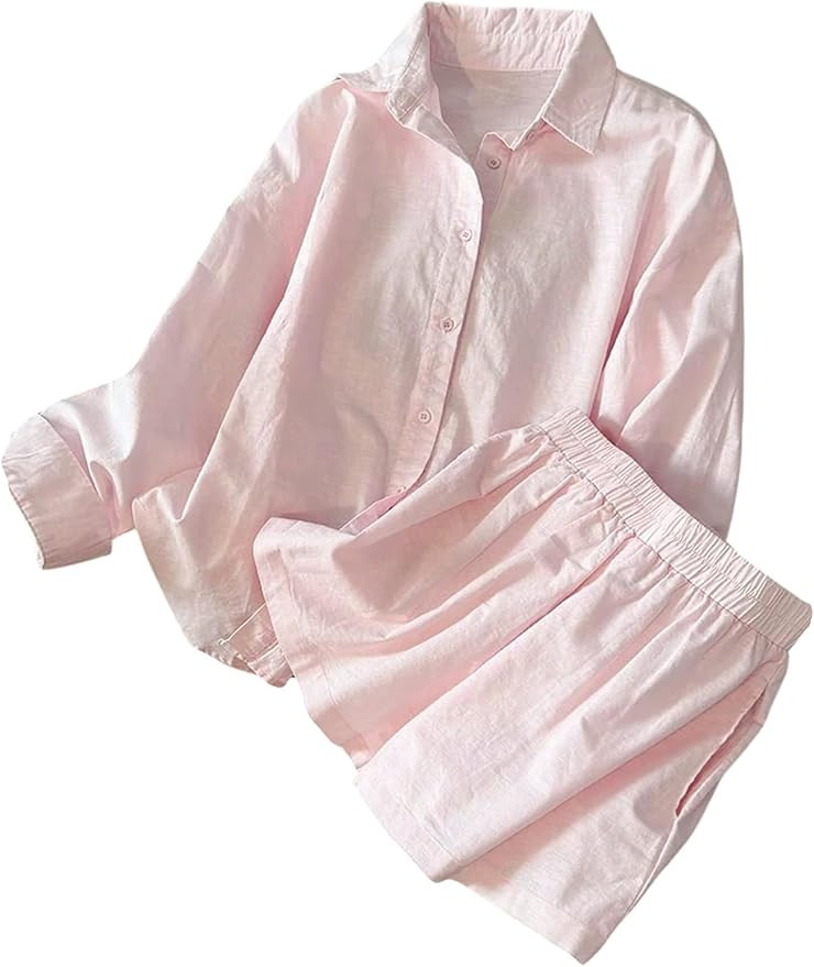 SOLY HUX Women's 2 Piece Outfits Casual Button Down Long Sleeve Shirts and Shorts Set | Amazon (US)