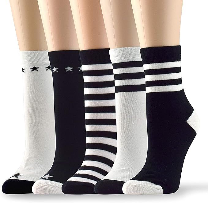 Socksmood 5 Pairs Women's Cotton Crew Socks Stripe Patterns Assorted Colors | Amazon (US)