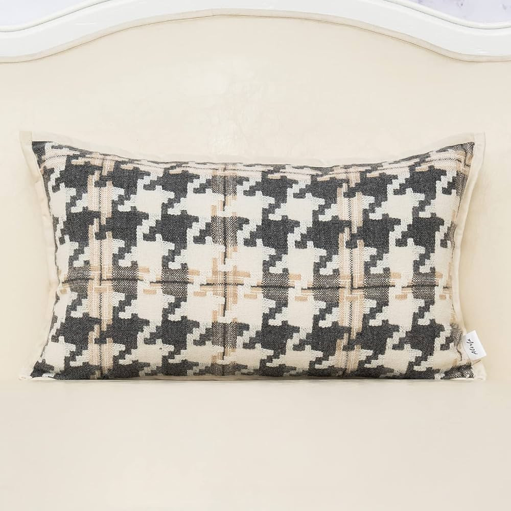 Alerfa 12 x 20 Inch Light Brown Off White Dark Gray Houndstooth Cushion Case Luxury Modern Cotton... | Amazon (US)