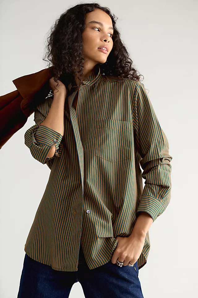 AGOLDE Aris Striped Button Down Shirt at Free People in Teal/mustard, Size: XS | Free People (UK)