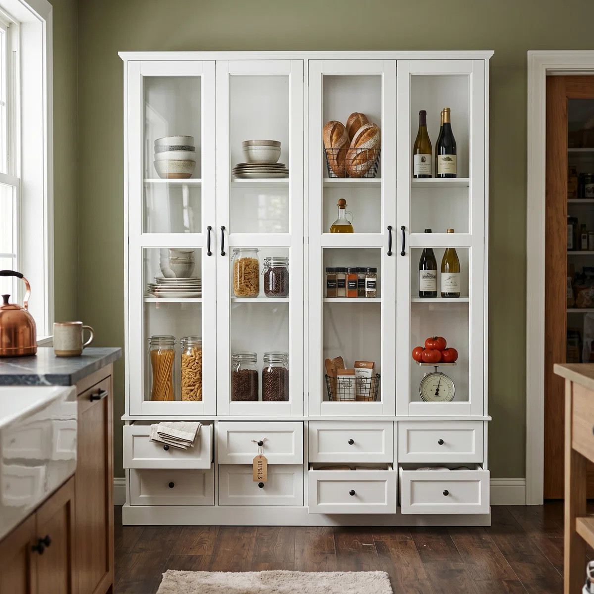 78.7"H Pantry Cabinet With 4 Glass Doors , 8 Drawers & LED Lighting | Wayfair North America