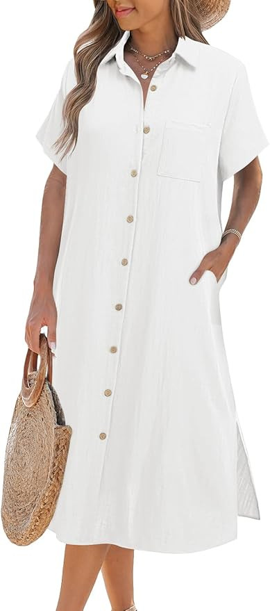 Zeagoo Womens Casual Summer Midi Dress Short Sleeve Shirt Solid Dress Beach Cover Up Button Up Dr... | Amazon (US)