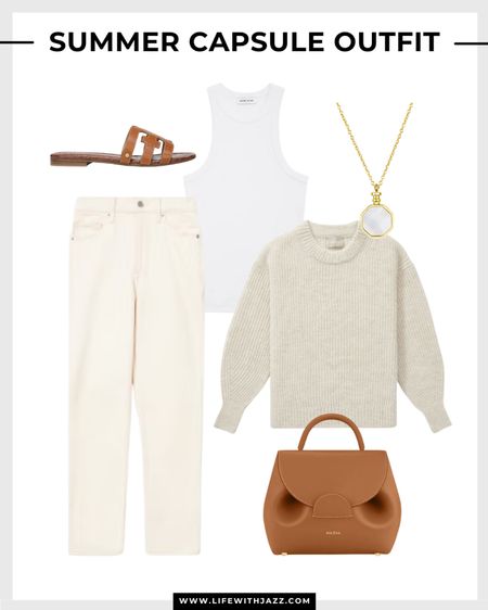 Minimal/neutral summer capsule outfit 

White jeans / white tank top/ knit sweater / brown purse / brown sandals / pearl necklace / Madewell / everlane / Abercrombie / Sam Edelman / Sophiya jewelry / brunch outfit 

#LTKSeasonal #LTKStyleTip