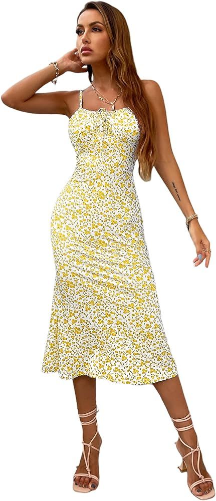 Floerns Women's Floral Print Drawstring Front Sleeveless Cami Midi Dress | Amazon (US)