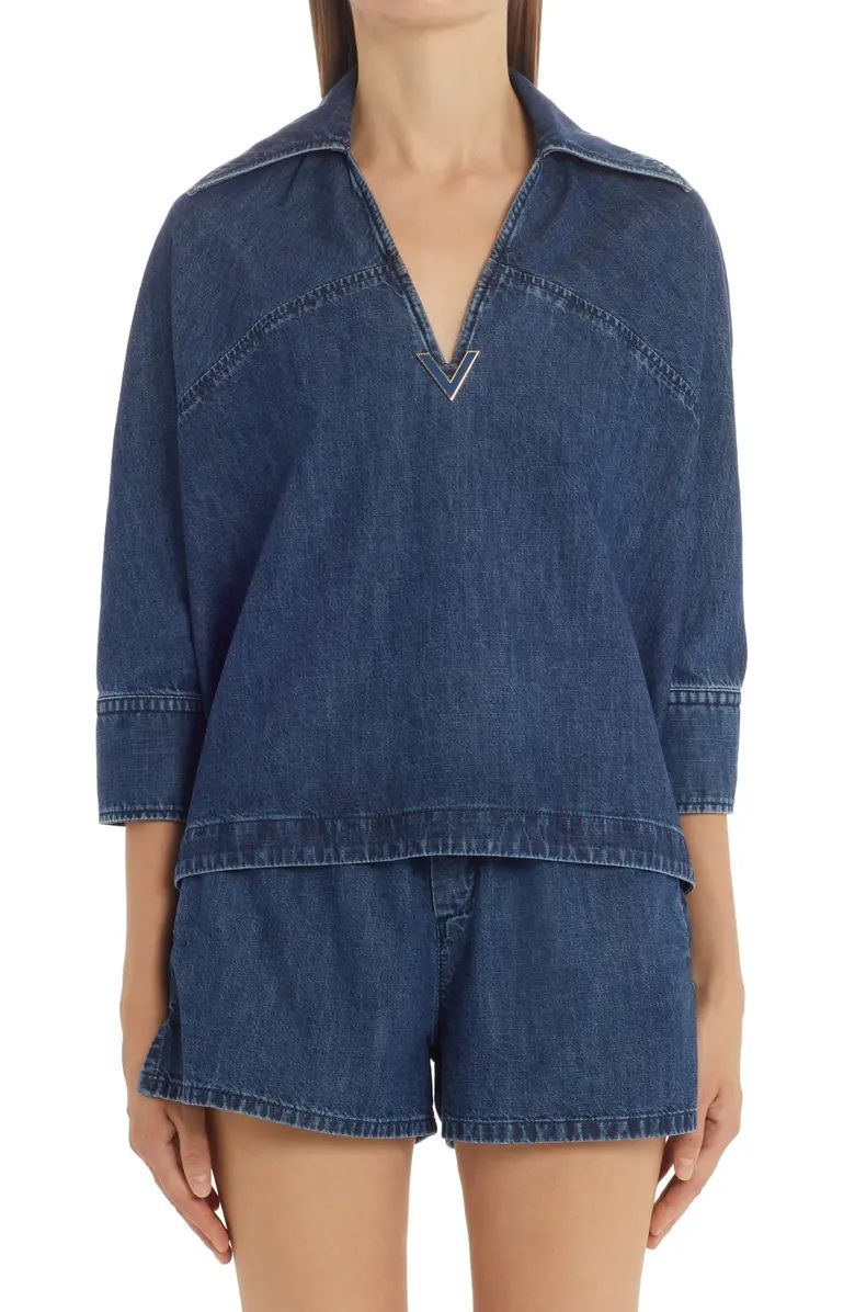 Valentino Garavani Valentino V-Neck Cotton Denim Blouse | Nordstrom | Nordstrom