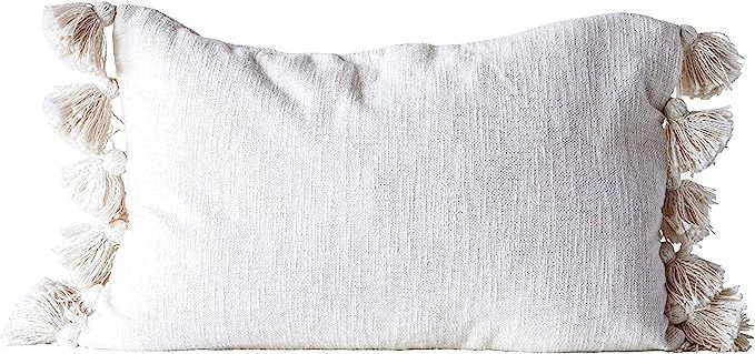 Creative Co-op Cotton Woven Slub with Plush Tassels Pillow, Cream | Amazon (US)