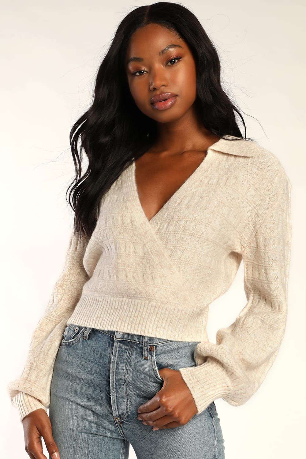 Cute Energy Heather Beige Collared Surplice Sweater Top | Lulus (US)