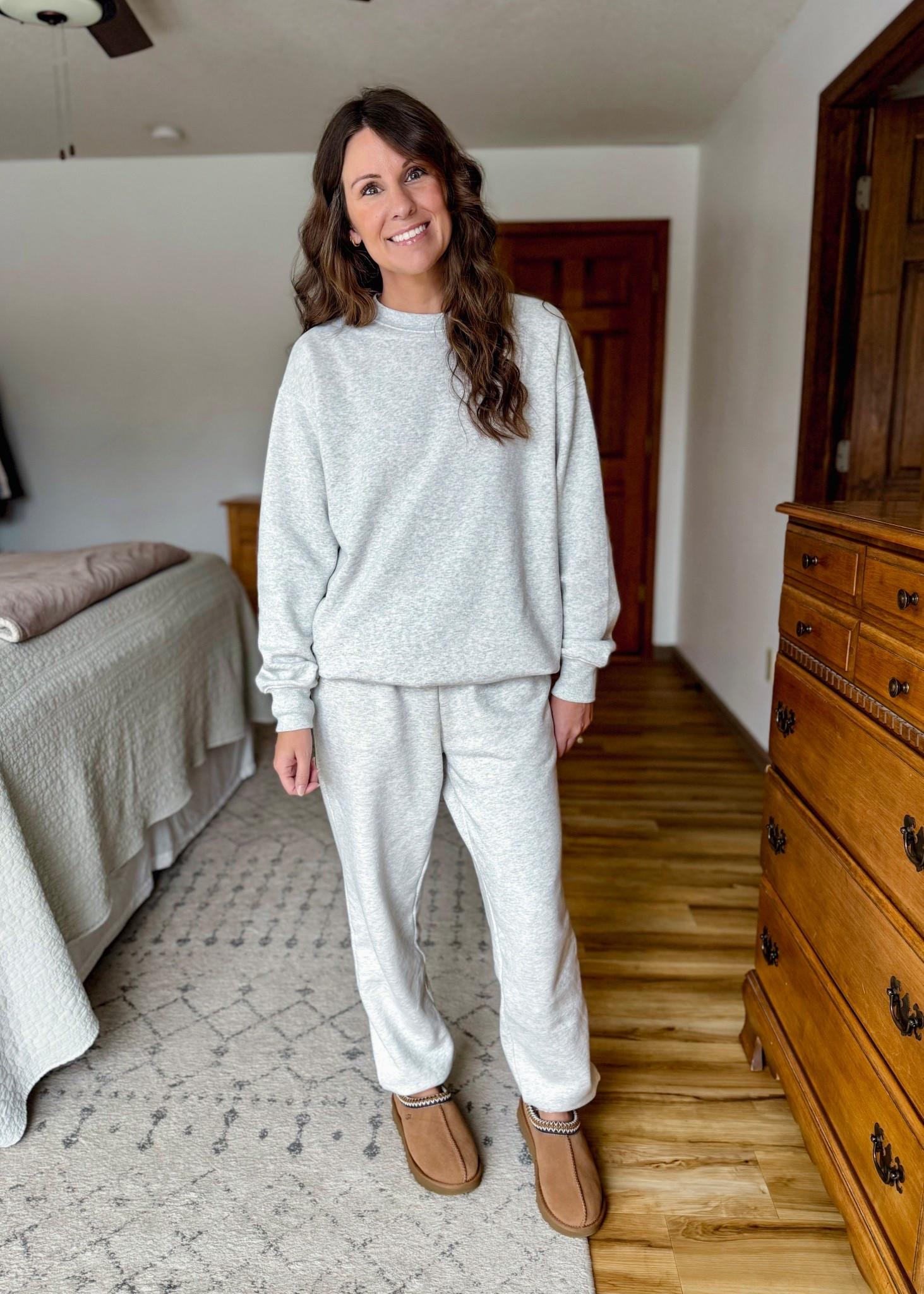 Wearing xs in both the crewneck sweatshirt and sweatpants (color is Platinum Silver Heather), both pieces are fleece-lined and sooooo cozy! 

Under $11 a piece and would make a great cozy gift for yourself or someone else! Perfect for holiday break. 

My ugg Tasmans are size 6 and I also linked similar ones!

#LTKSeasonal #LTKPetite #LTKFindsUnder50