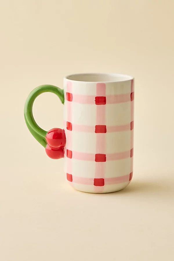 Gingham Pattern Cherry Handle Ceramic Mug | Urban Outfitters (US and RoW)