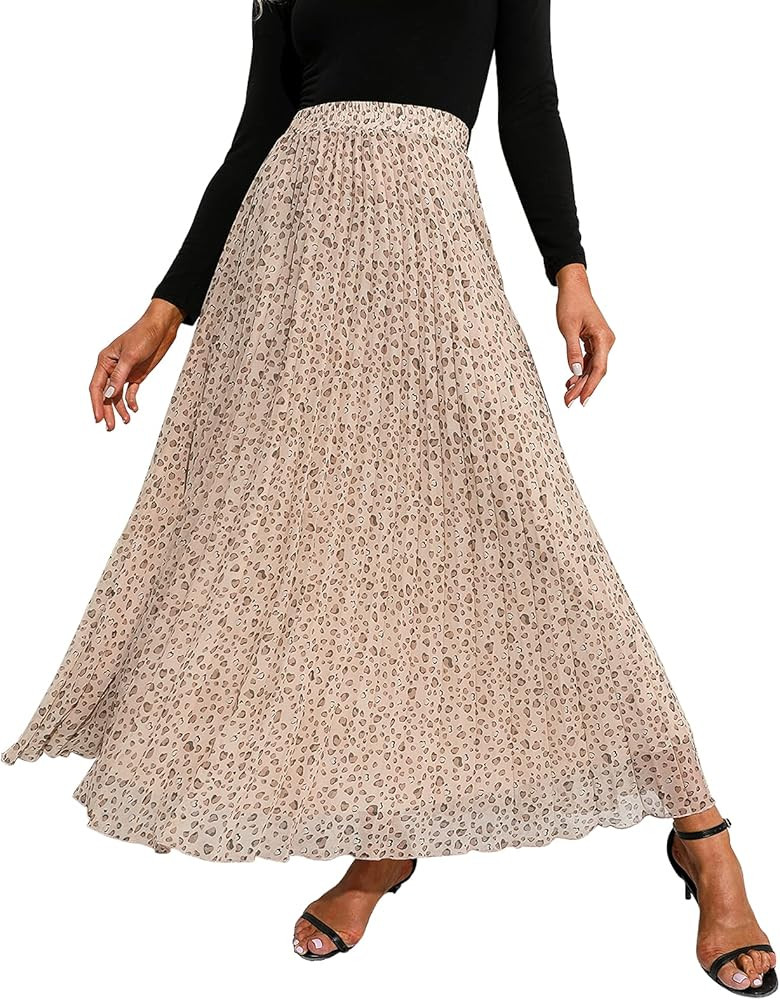 EXLURA Women's Floral Printed Chiffon Elastic High Waist Pleated Long Maxi Skirt | Amazon (US)