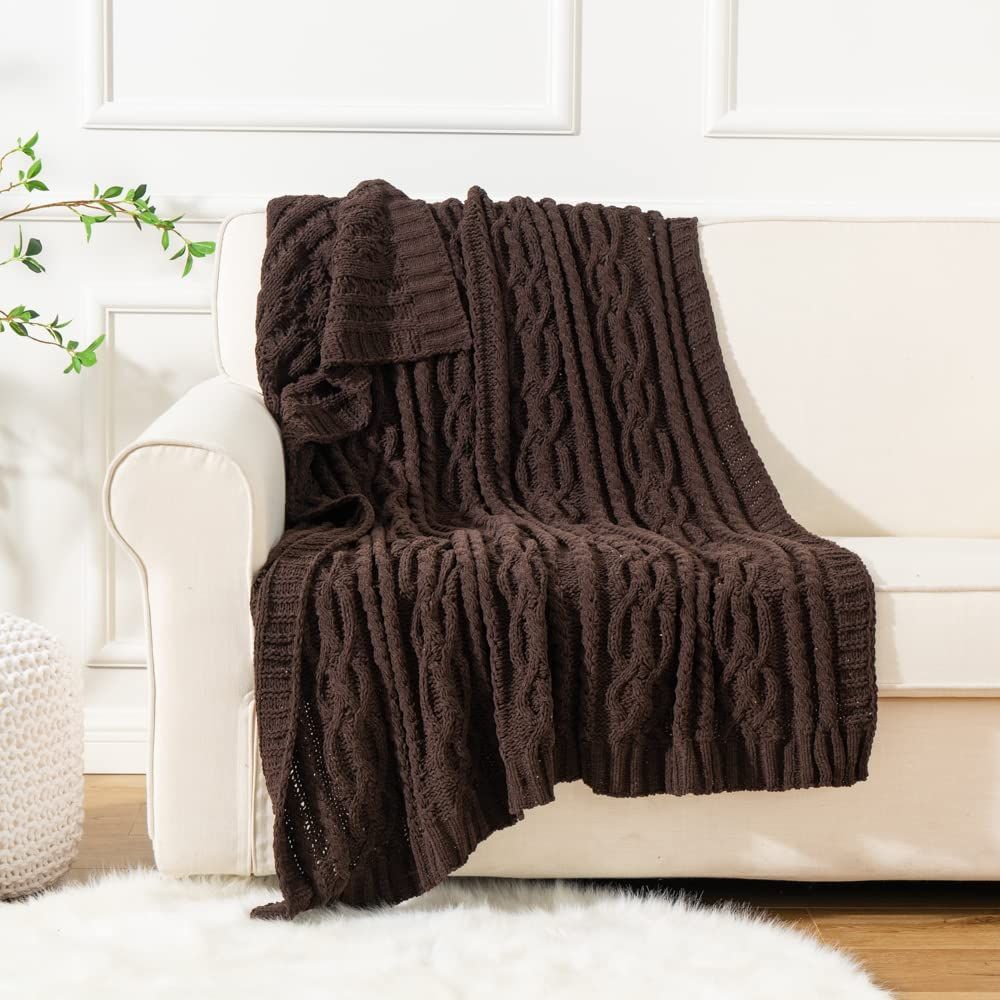 Battilo Dark Brown Throw Blanket for Couch, Bed, Sofa, 51"x67" Woven Chenille Knit Throw Blanket, Fa | Amazon (US)