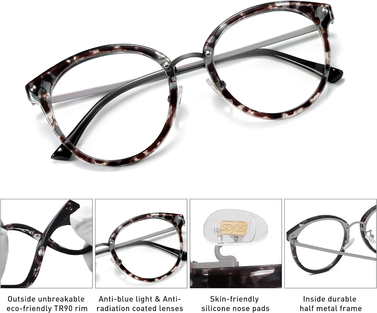 SOJOS Retro Big Round Blue Light Computer Glasses TR90 Eyewear Frame Ashley SJ9001 | Amazon (US)