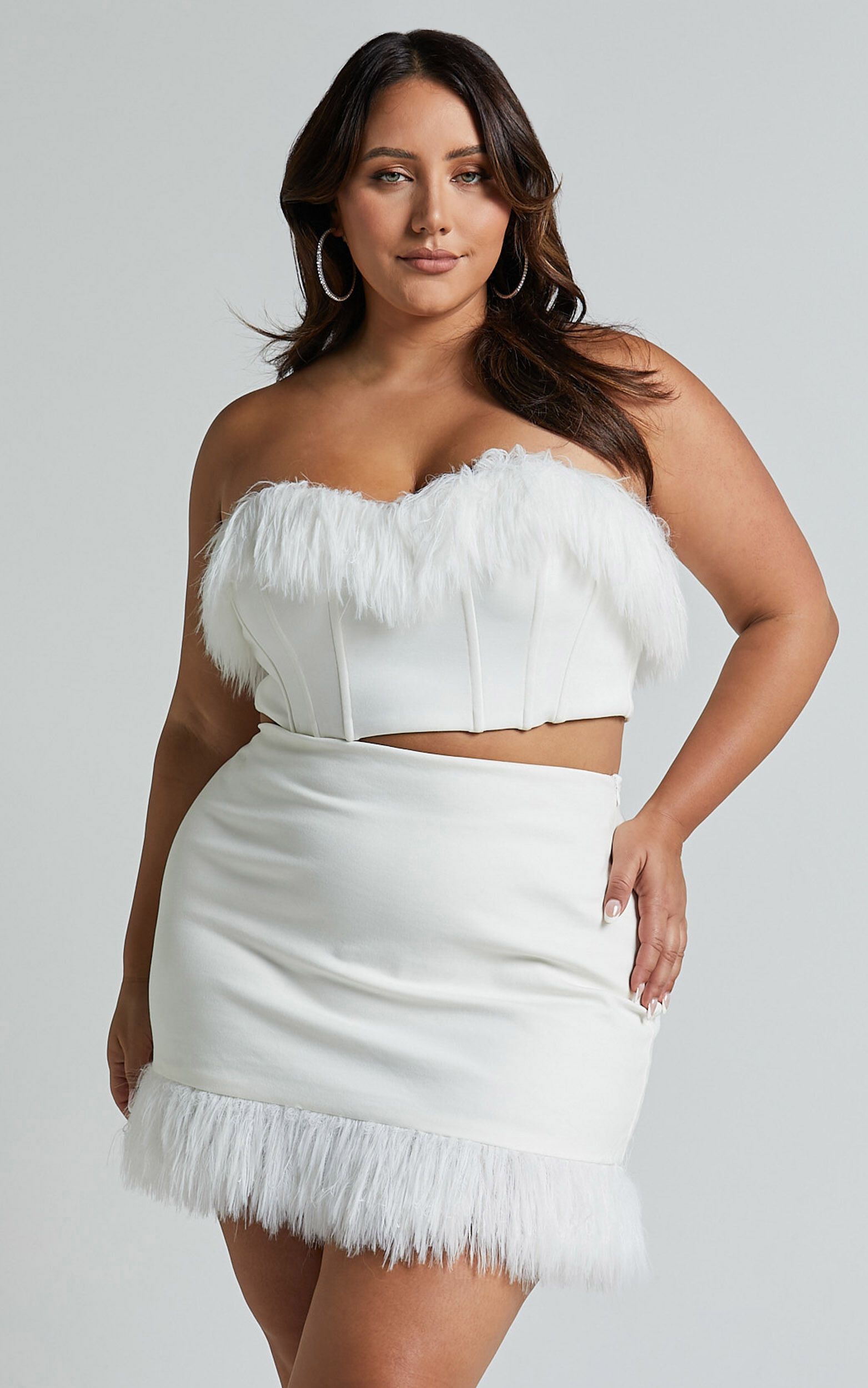 Rhaiza Top - Faux Feather Trim Strapless Sweetheart Crop Top in White | Showpo (US, UK & Europe)