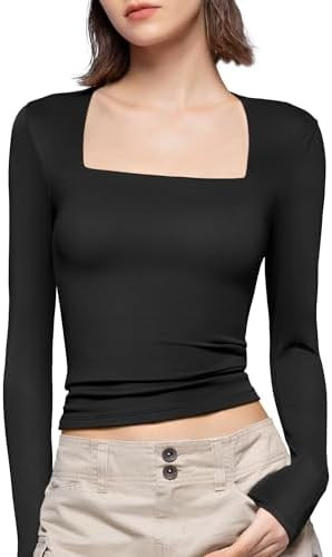 PUMIEY Women's Square Neck Long Sleeve T Shirts Slim Fit Tops Basic Tee Smoke Cloud Pro Collectio... | Amazon (US)