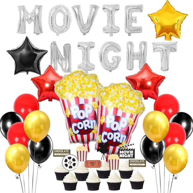 Movie Night Decorations Popcorn Star Foil Balloons for Hollywood Oscar Themed, Movie Theatre Time... | Amazon (US)