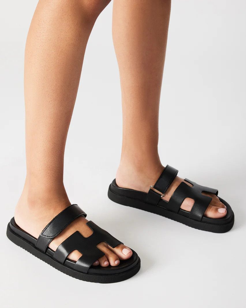 MAYVEN Black Leather Flatform Slide Sandal | Women's Sandals | Steve Madden (US)
