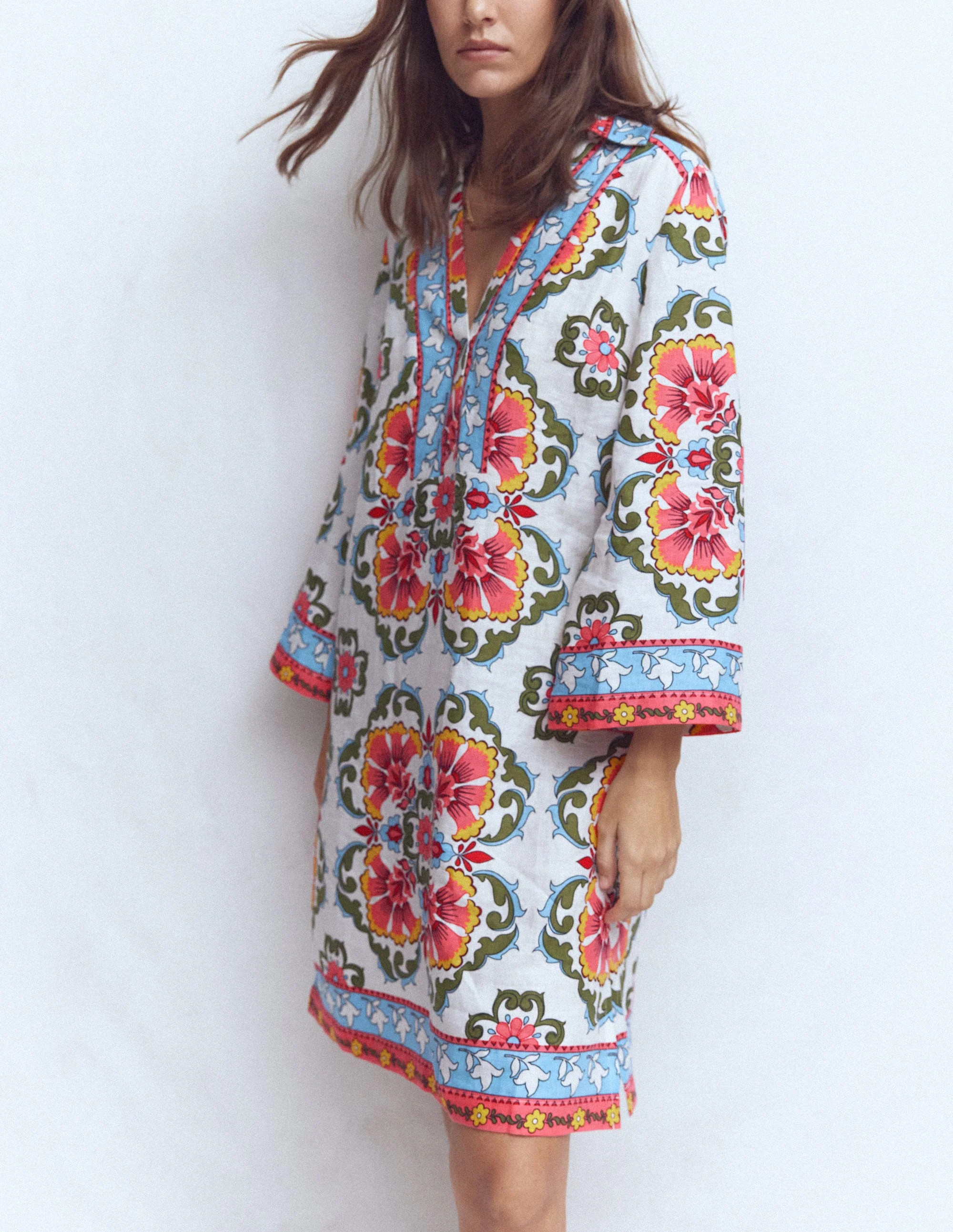 Carmen Linen Short Dress-Multi, Ornamental Trellis | Boden (US)