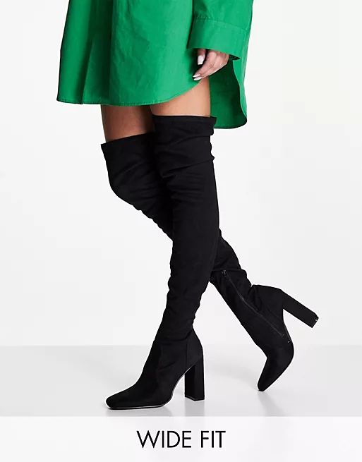 ASOS DESIGN Wide Fit Kenni block-heeled over the knee boots in black | ASOS (Global)