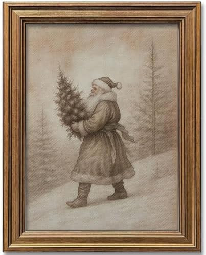 Vintage Christmas Decor Farmhouse Wall Art Gold Framed Rustic Winter Landscape Santa Pictures Pai... | Amazon (US)
