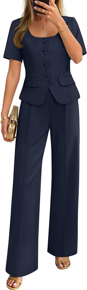 ZESICA Women's Summer Two Pieces Suits Set 2026 Short Sleeve Blazer Wide Leg Pants Business Casua... | Amazon (US)