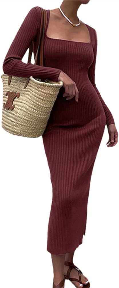 Women's Square Neck Rib Knit Cotton Split Midi Dresses Long-Sleeve Stretch Bodycon Casual Sweater... | Amazon (US)