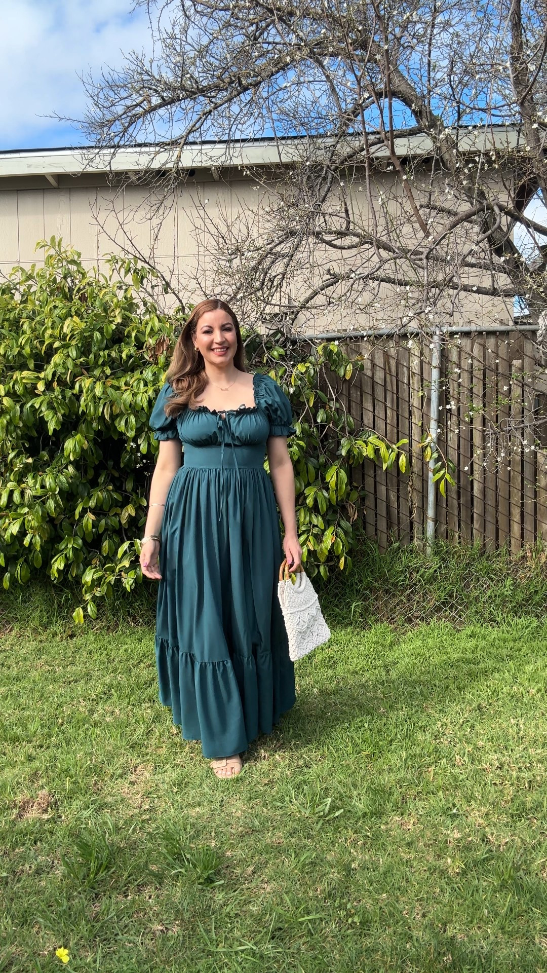 OYOANGLE Women's Long Dress with Short Puff Sleeves, Ruffles, Front Bow, Lace-Up Waist, and Fitted Waist - Princess Style.
I'm using size:L for reference.

#LTKootd #LTKSaleAlert #LTKSeasonal
