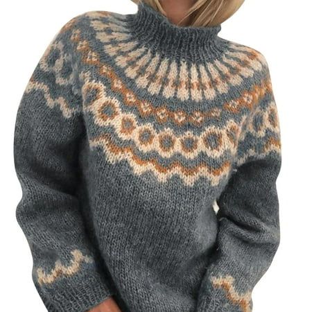 Turtleneck Sweater for Women Women s Turtleneck Pullover Thick Needle Jacquard Sweater Women s Print Knit Top | Walmart (US)