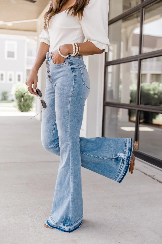 Donna Frayed Hem Medium Wash Flare Jeans | Pink Lily