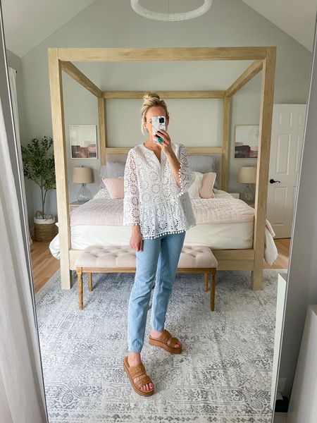 White eyelet top lace top white blouse lilly pulitzer top platform sandals boyfriend jeans mom jeans casual outfit

#LTKunder100 #LTKFestival #LTKunder50