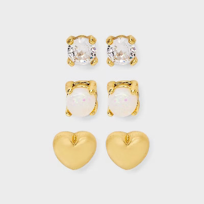 14K Gold Plated Simulated Opal and Heart Stud Flat Back Earring Set 3pc - A New Day™ Gold | Target