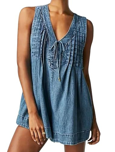 CHARTOU Women Summer Denim Overalls Shorts Romper Jean Jumpsuit Sleeveless Shortalls Flowy Ruffle Romper Pockets (Medium,Dark blue) | Amazon (US)