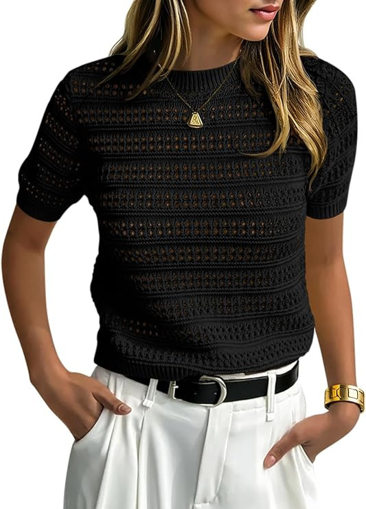 Saodimallsu Womens Short Sleeve Crochet Sweaters Crew Neck Loose Casual Knit Summer Boho Pullover... | Amazon (US)