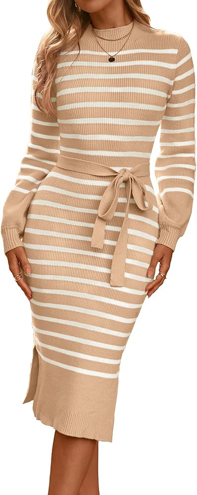 Simplee Womens Long Sleeve Sweater Dress Ribbed Knit Bodycon Fall Slim Fit Slit Tie Waist Midi Dr... | Amazon (US)