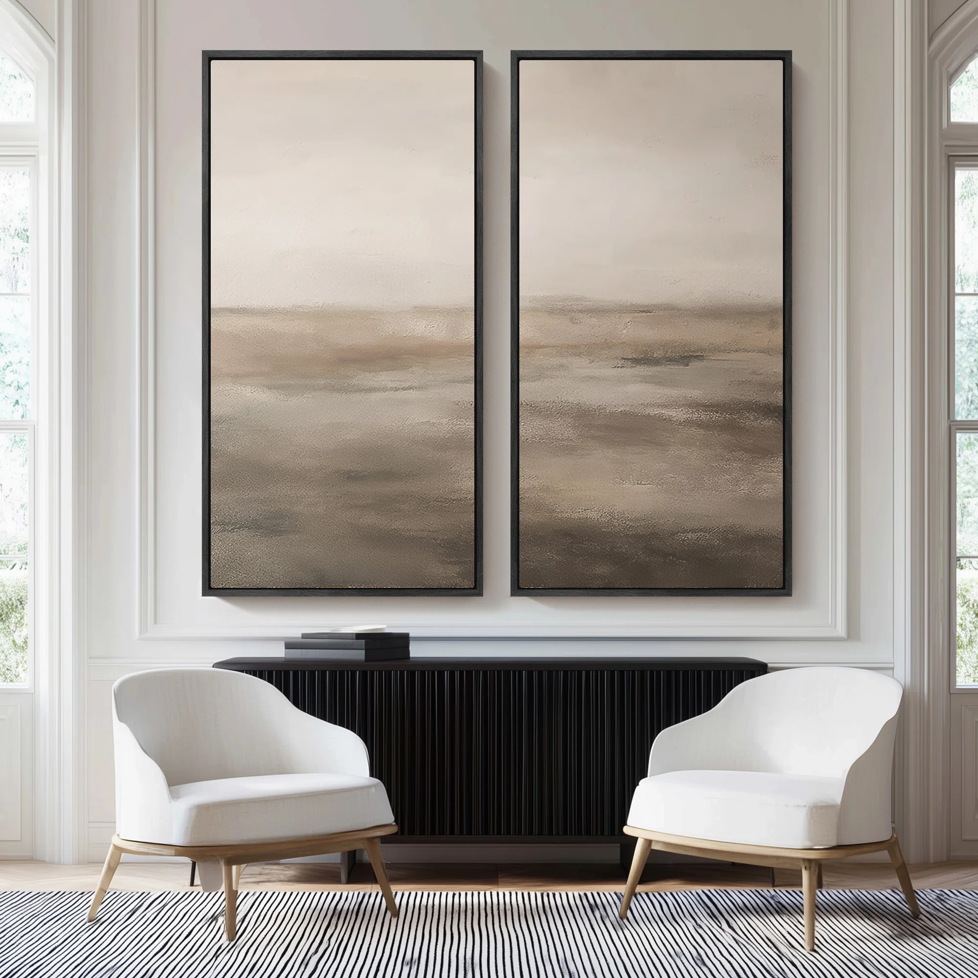 Calm Neutral Abstract Horizon - Set of 2 Framed Wall Art Print on Canvas 60"x20"x2pcs, 60"x30"x2p... | Wayfair North America