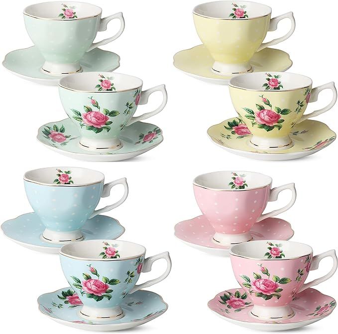 BTaT- Floral Tea Cups and Saucers, Set of 8 (8 oz), Multi-Color with Gold Trim and Gift Box, Coff... | Amazon (US)