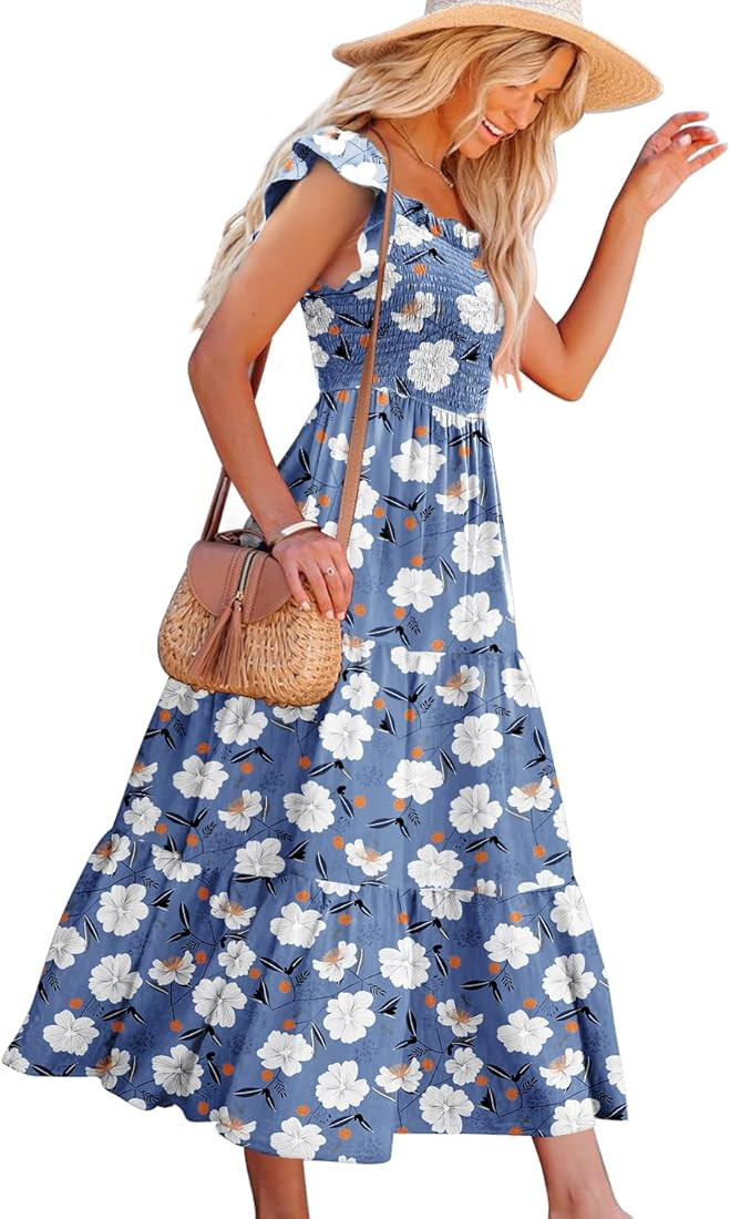 YESNO Women Summer Ruffled Off Shoulder Maxi Dress Smocked Floral Printed Casual Dress with Pocke... | Amazon (US)