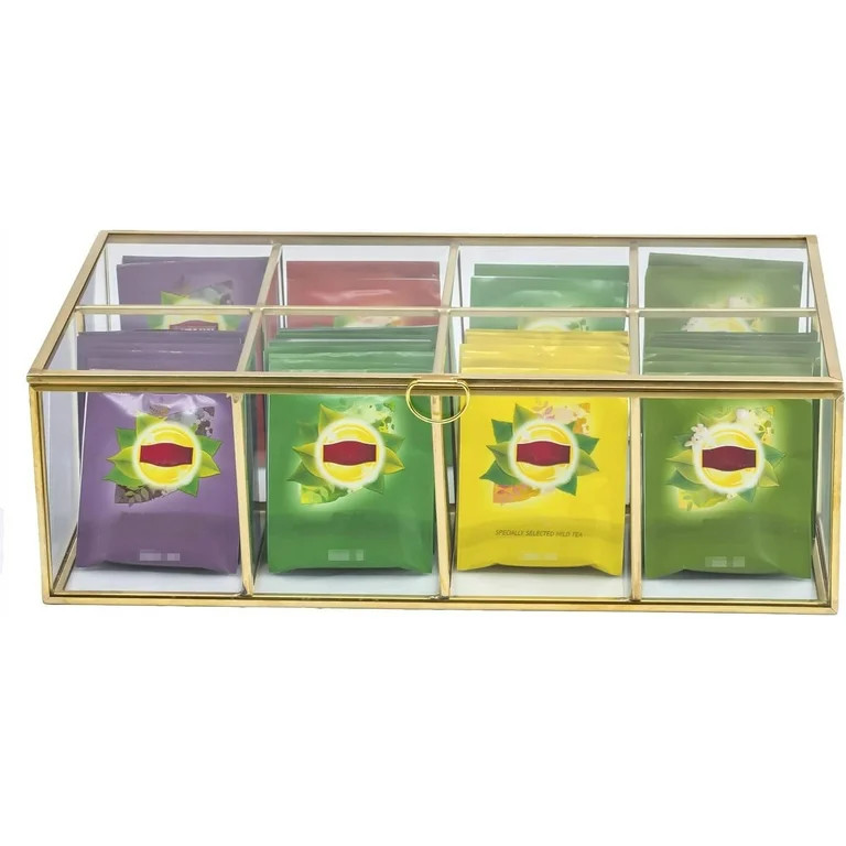 Glass Tea Bags Organizer Box, 12" x 7.1" x 3.7" Sugar Packets Storage, 8 Grids Compartments, Bras... | Walmart (US)