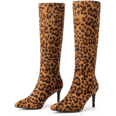 BLISSFUL STEP Classic Pointed Toe Stiletto Heel Knee High Dress Boots for Women 9.5 Leopard | Target